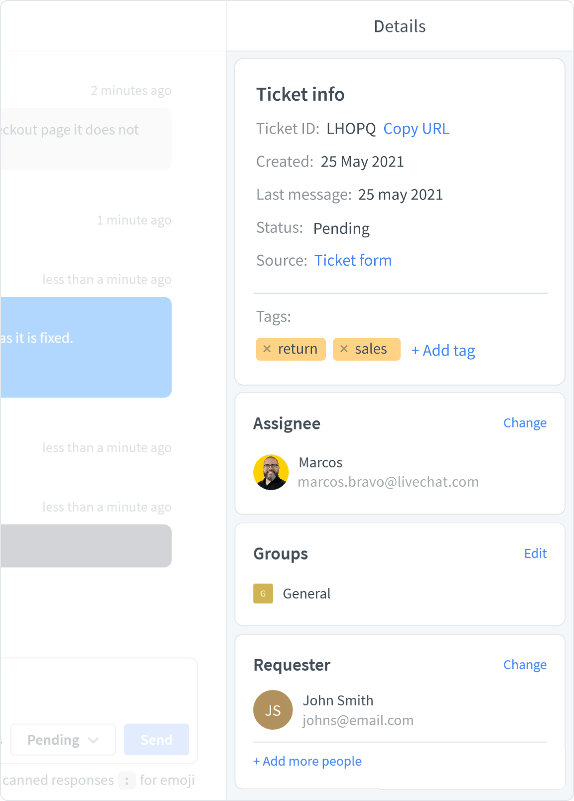 Customer details in LiveChat app