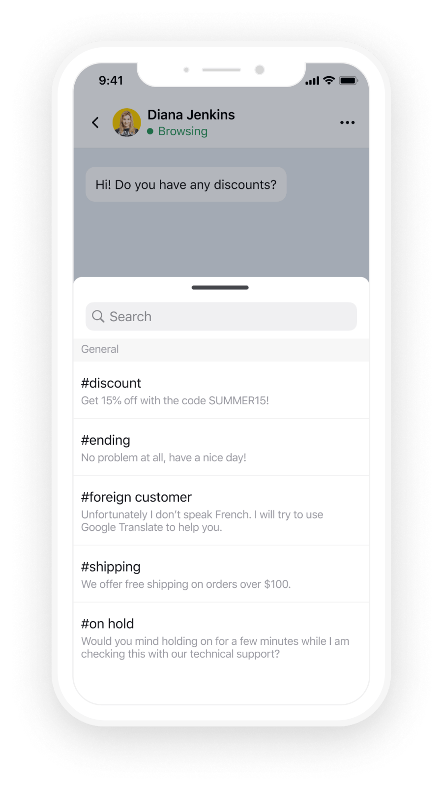 Canned responses interface on LiveChat iPhone app
