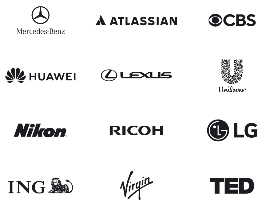 Mercedes-Benz, Atlassian, CBS, Huawei, Unilever, Lexus, Nikon, Ricoh, LG, ING, Virgin, TED