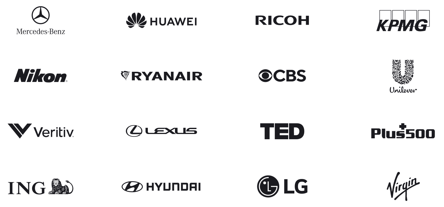 Mercedes-Benz, Huawei, Ricoh, KPMG, Nikon, Ryanair, CBS, Unilever, Vertiv, Lexus, TED, Plus500, ING, Hyundai, LG, Virgin
