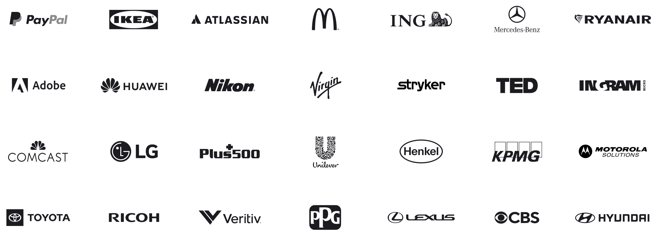 PayPal, Ikea, Atlassian, Mc. Donald's, ING, Mercedes-Benz, Ryanair, Adobe, Huawei, Nikon, Virgin, Stryker, Ingram, TED, Comcast, LG, Plus500, Unilever, Henkel, KPMG, Motorola Solutions, Toyota, Ricoh, Vertiv, PPG, Lexus, CBS, Hyundai