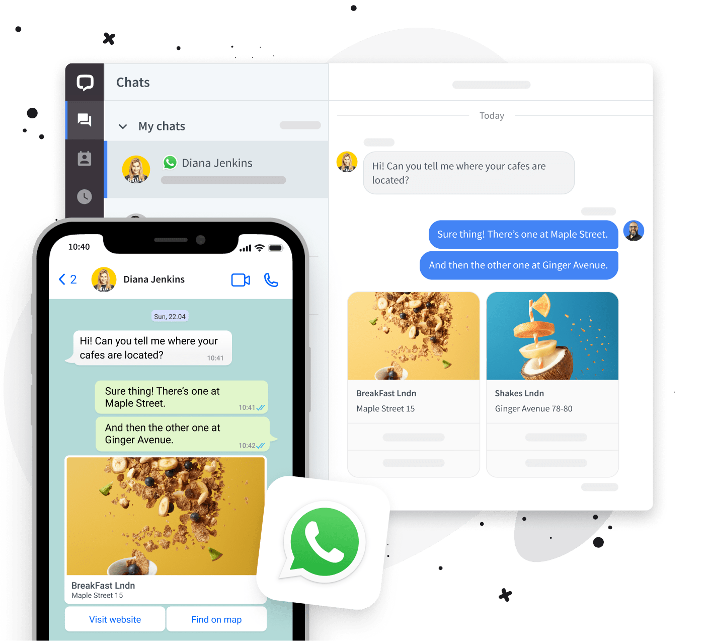 Screenshots showing WhatsApp Business integration features