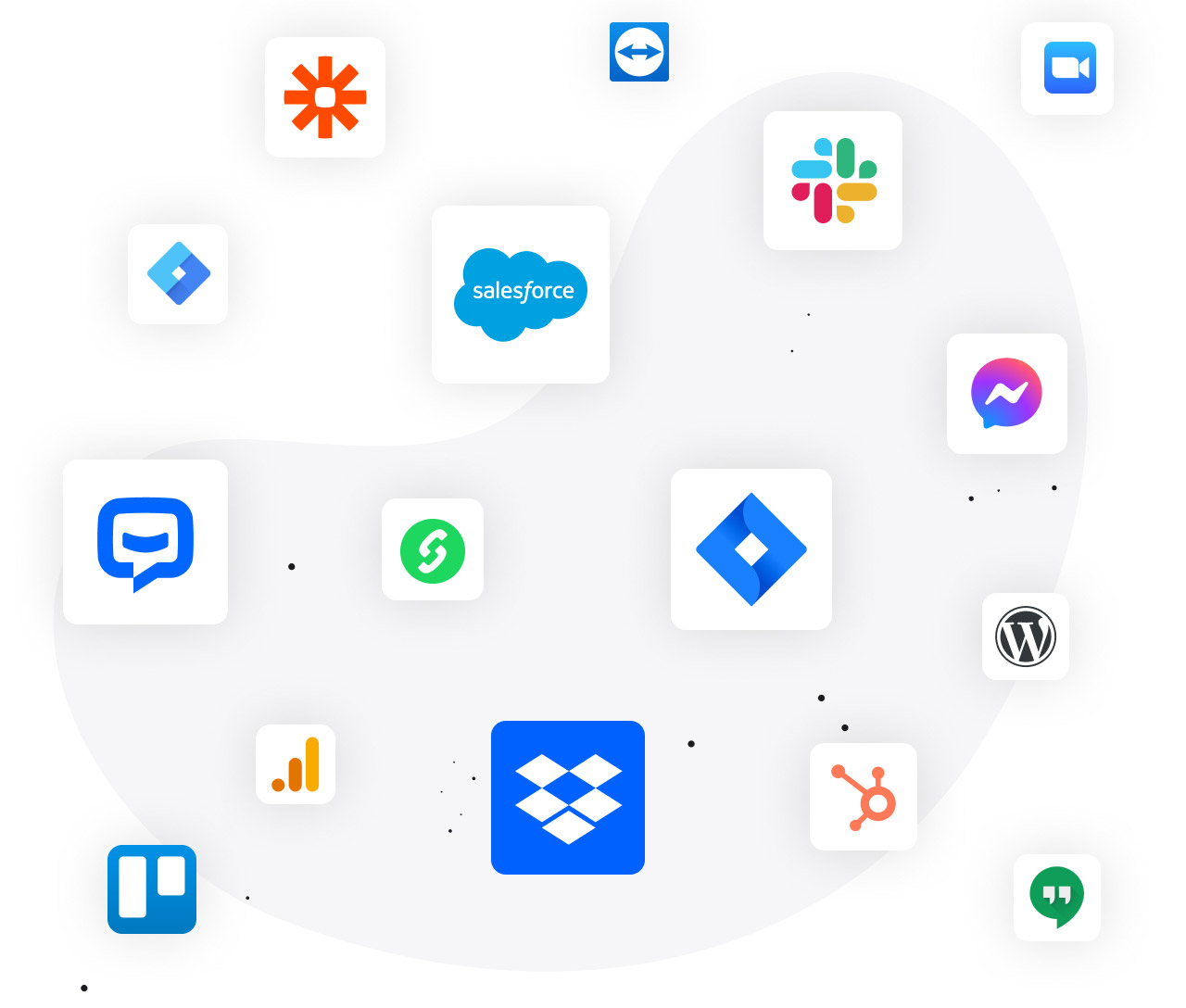 Logos of LiveChat integrations for software companies: ChatBot, Team viewer, Google Hangouts, Facebook, Zapier, Wordpress, Trello, Slack, Dropbox, and more